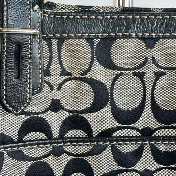 Coach Signature Canvas Leather Medium Tote Shoulder Bag Gray and Black Zip - Picture 6 of 15